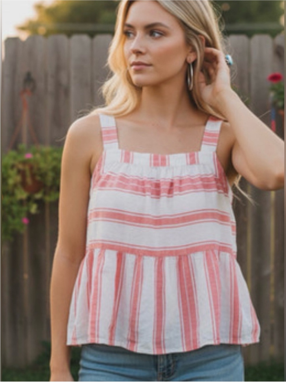 The Loft Women's Striped Square-Neck Tank Top - Pink/White NWT